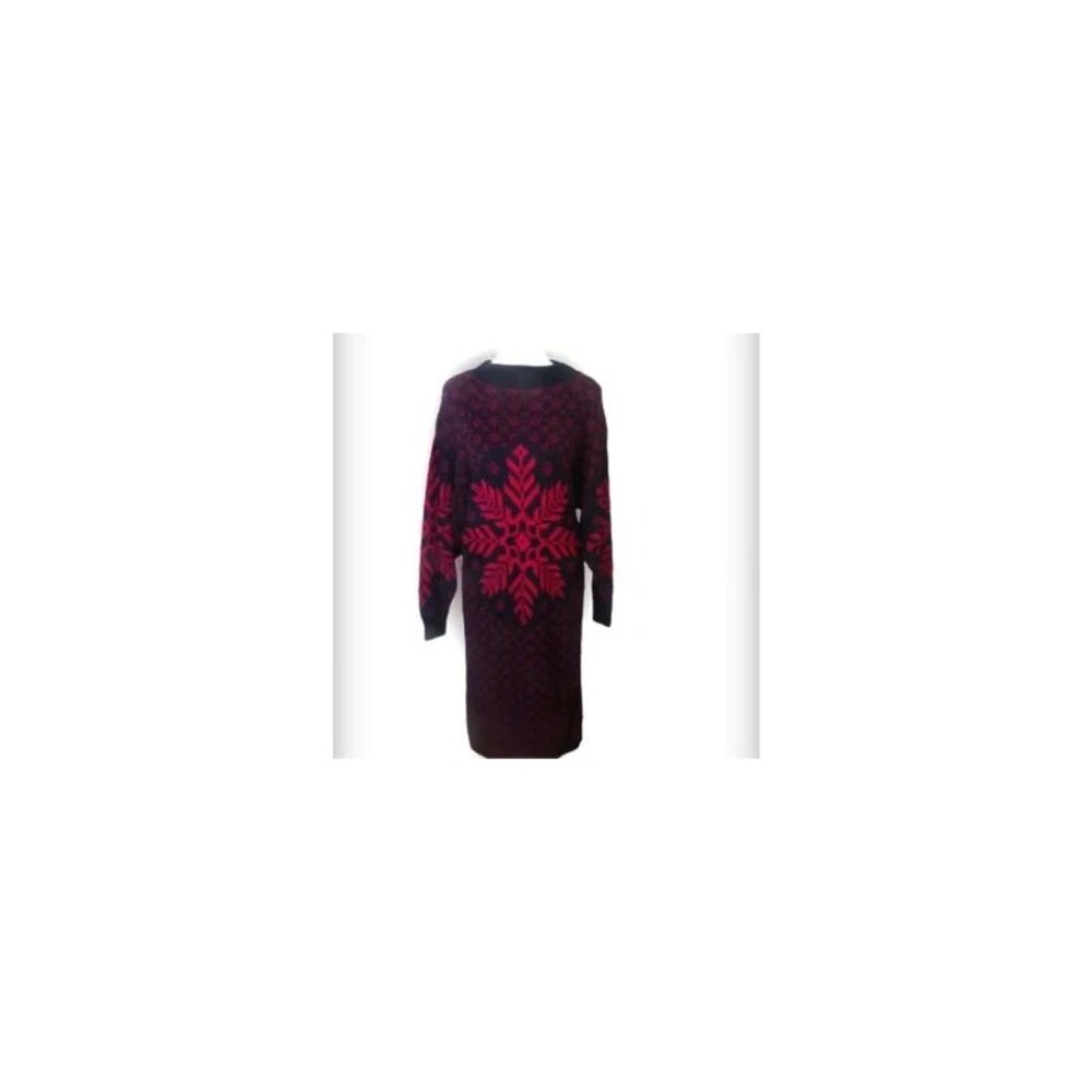 Vintage Black Sweater Dress with Fuchsia Snowflake Design / 1980's Garland